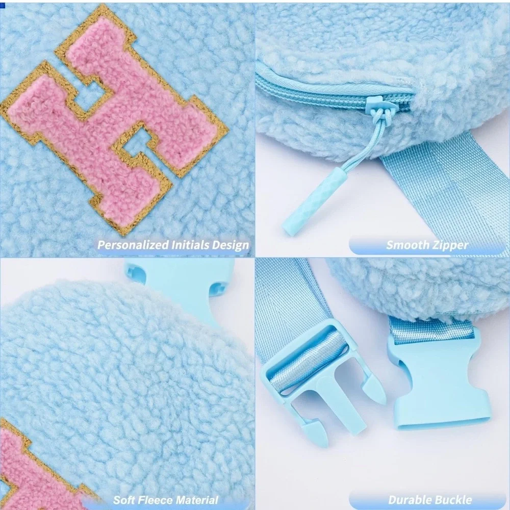 Fluffy Blue Kids Pouch with Pink Initial H